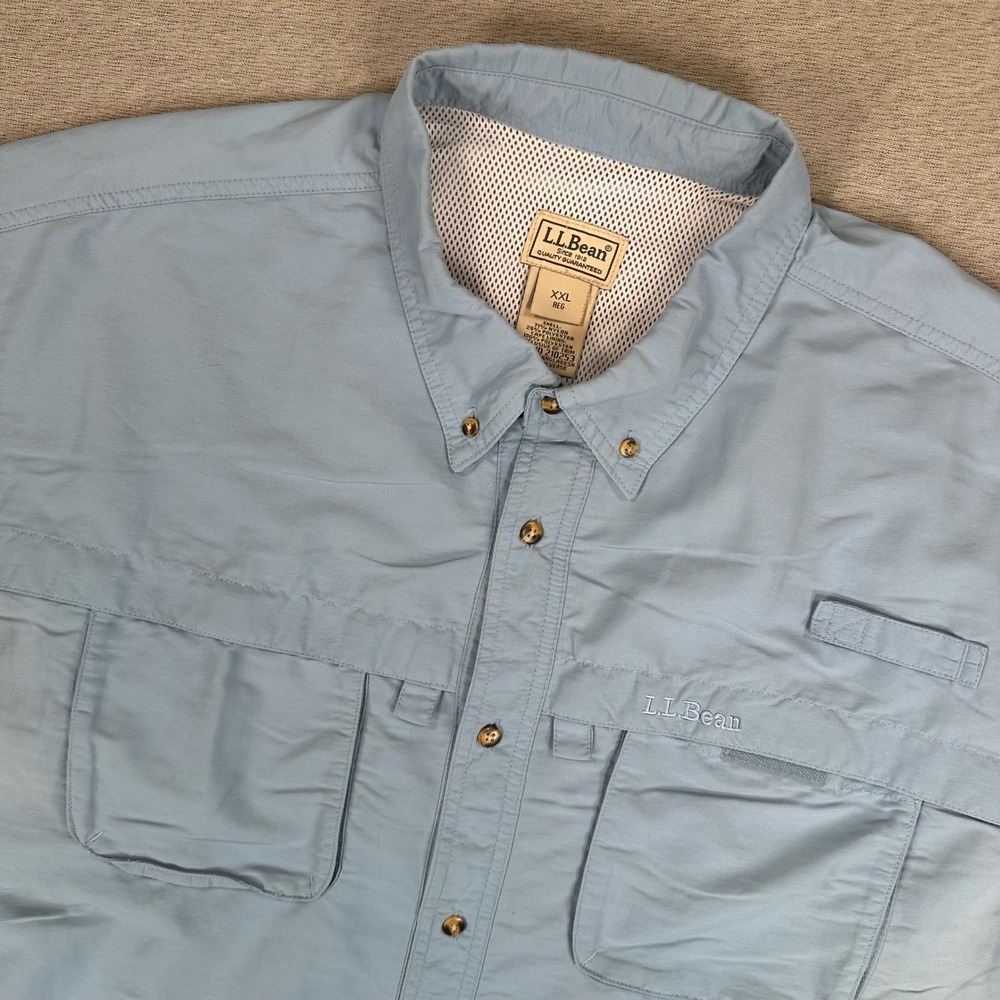 LL Bean Fishing Shirt Mens XXL Blue Short Sleeve Button Down Vented Tropicwear